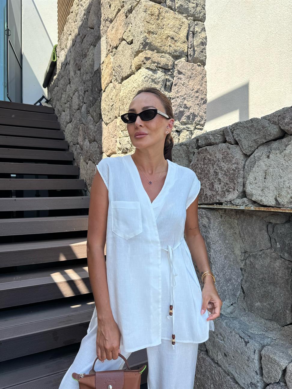 Beyaz Keten Yelek Pantolon Kadın Takım