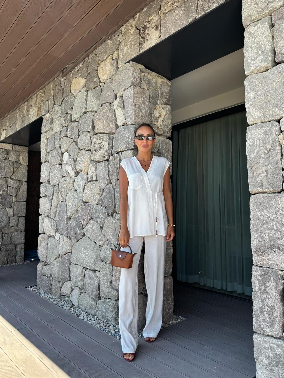 Beyaz Keten Yelek Pantolon Kadın Takım