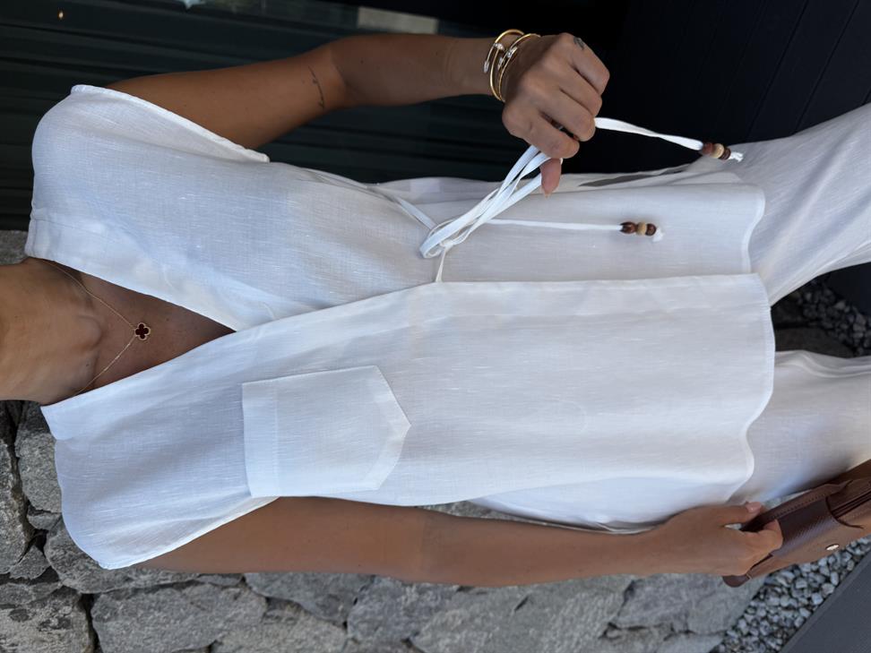 Beyaz Keten Yelek Pantolon Kadın Takım