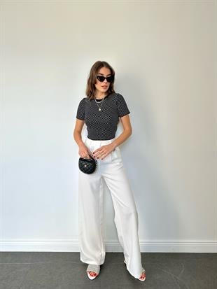 Beyaz Yüksek Bel Palazzo Kumaş Pantolon