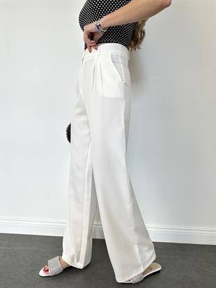 Beyaz Yüksek Bel Palazzo Kumaş Pantolon