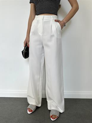 Beyaz Yüksek Bel Palazzo Kumaş Pantolon