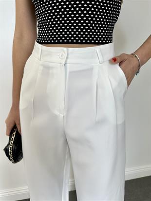 Beyaz Yüksek Bel Palazzo Kumaş Pantolon