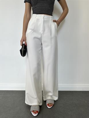 Beyaz Yüksek Bel Palazzo Kumaş Pantolon