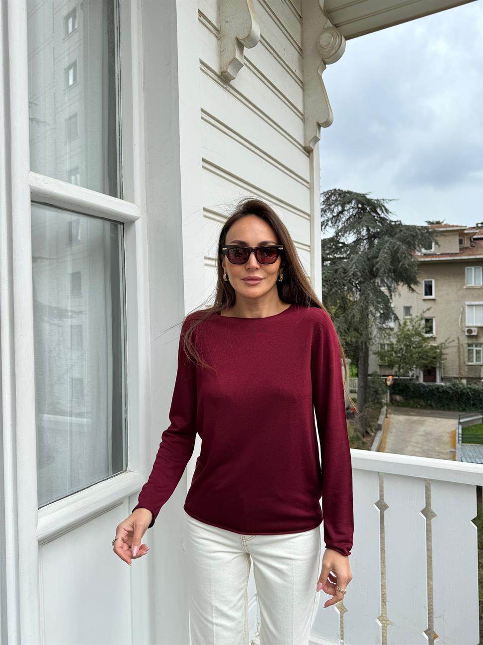 Bordo Açık Yaka Triko
