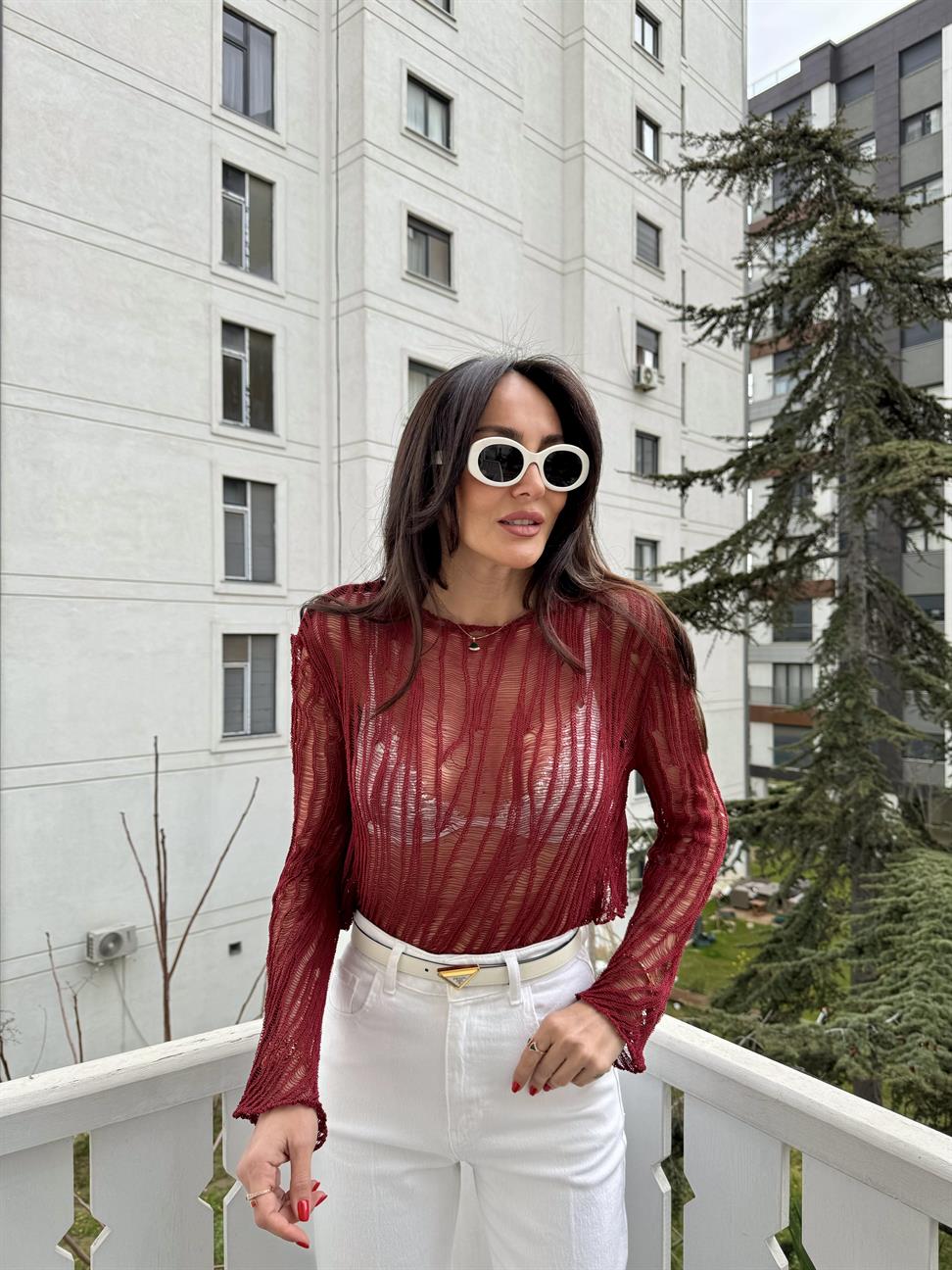 Bordo Ajurlu Triko Bluz