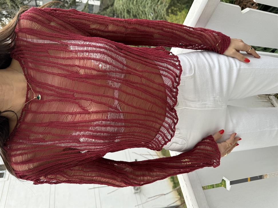 Bordo Ajurlu Triko Bluz