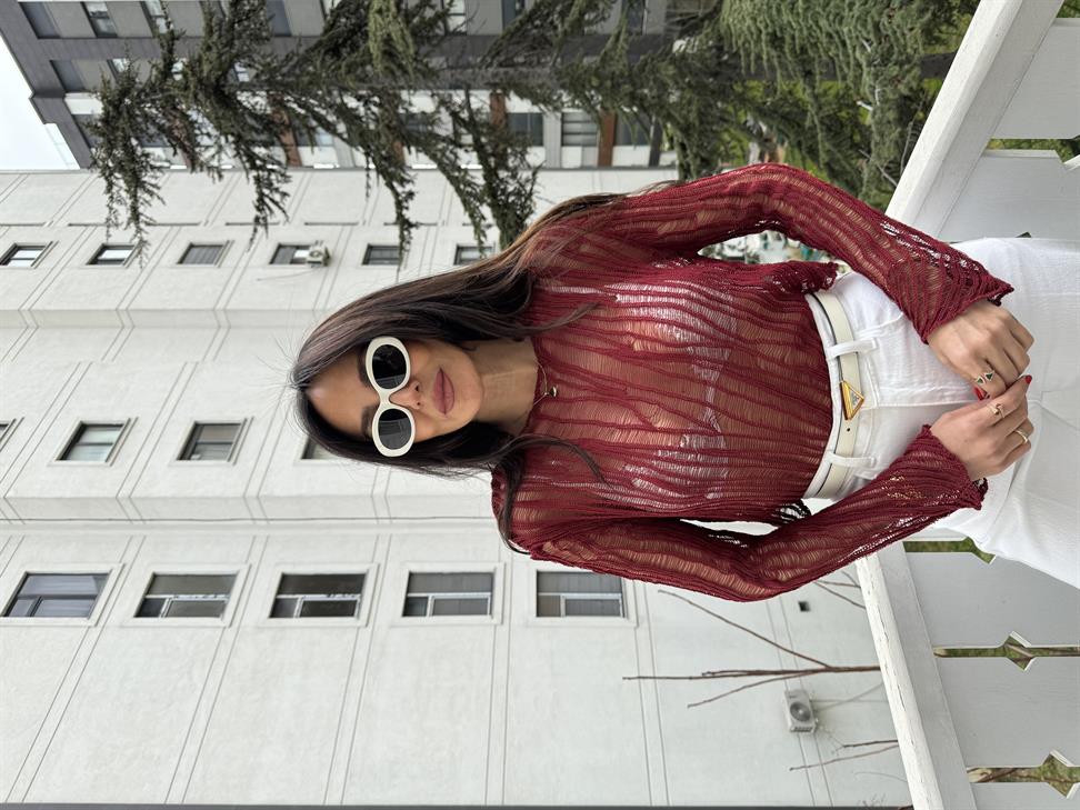 Bordo Ajurlu Triko Bluz