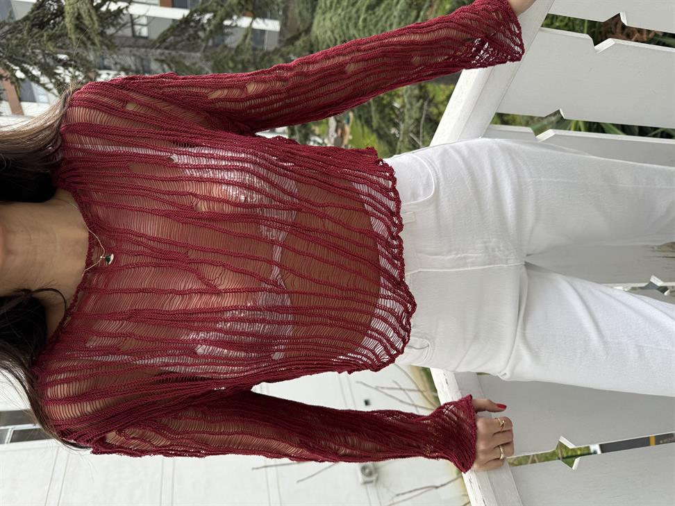 Bordo Ajurlu Triko Bluz