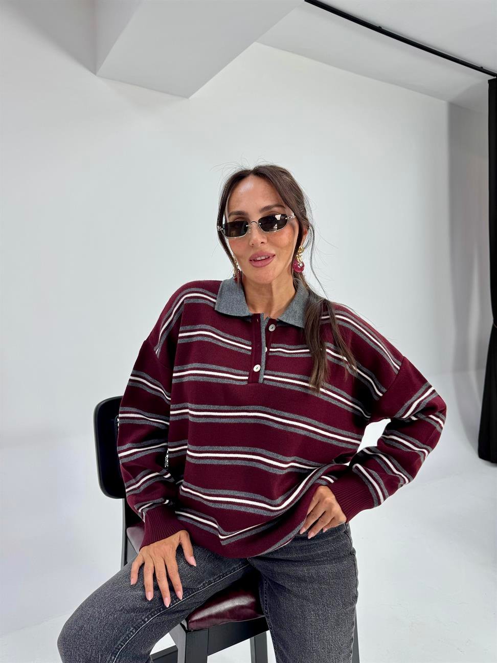 Bordo-Antrasit Düğmeli Polo Yaka Kazak