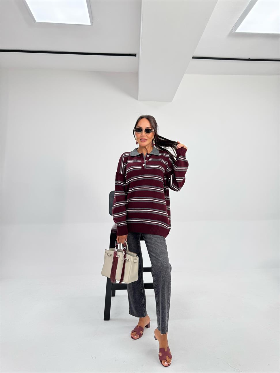 Bordo-Antrasit Düğmeli Polo Yaka Kazak