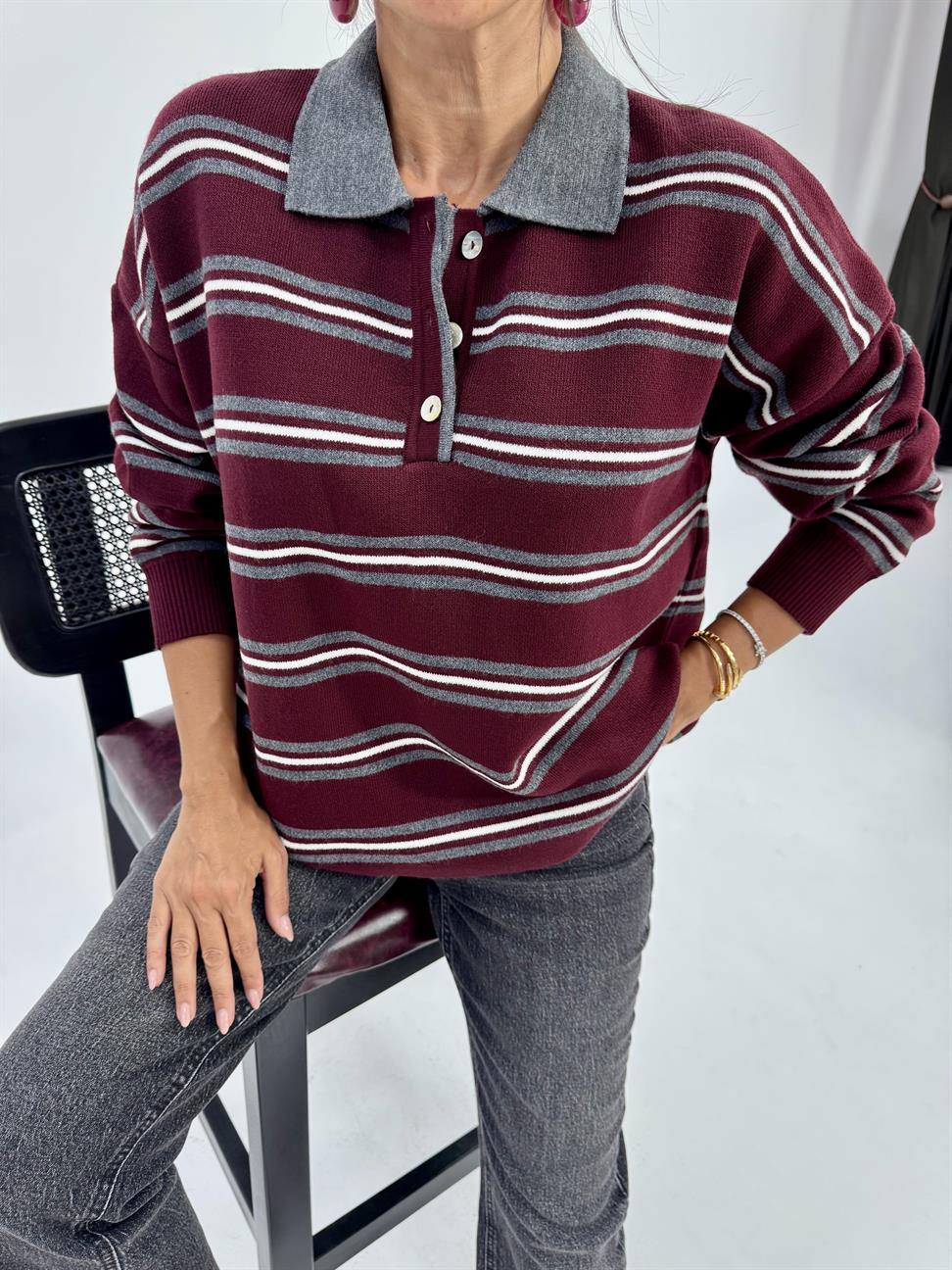 Bordo-Antrasit Düğmeli Polo Yaka Kazak