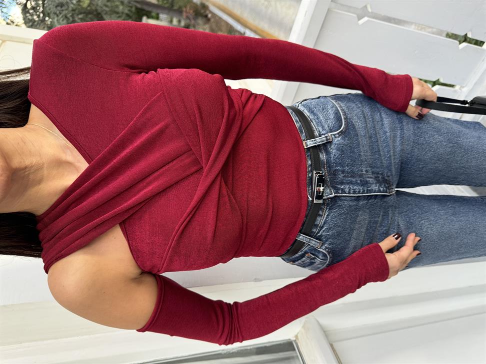 Bordo Asimetrik Buzzy Kumaş Bluz