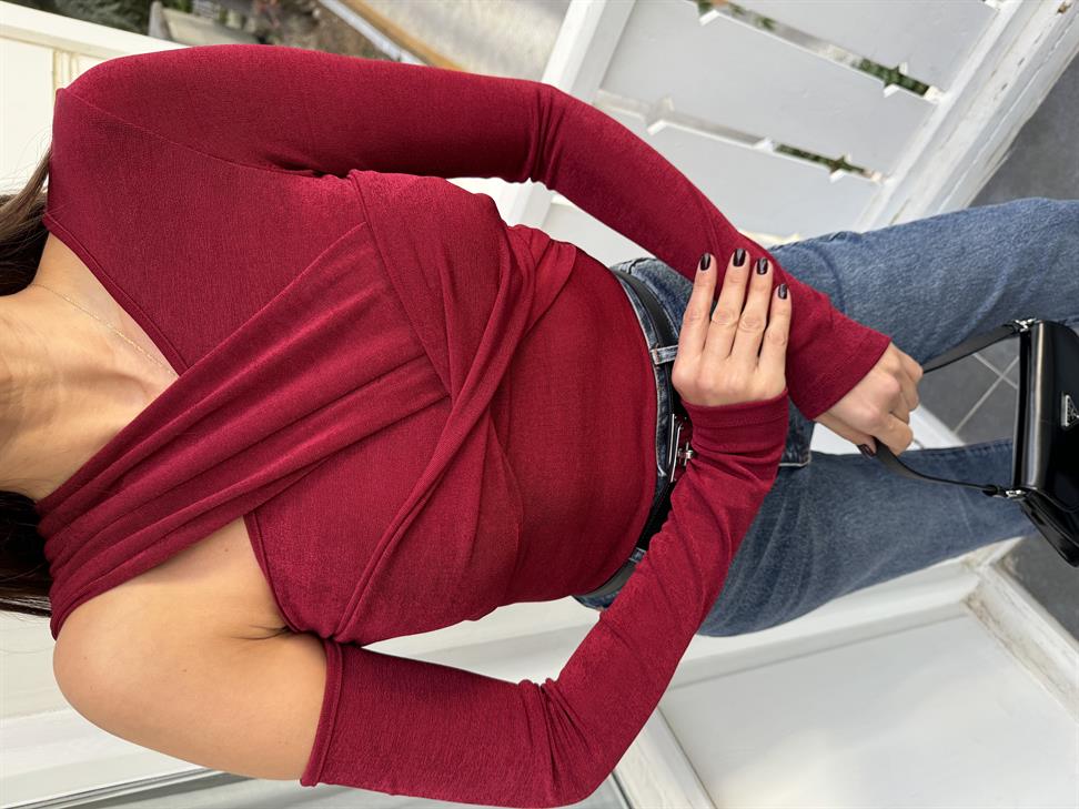 Bordo Asimetrik Buzzy Kumaş Bluz