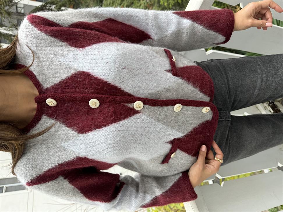 Bordo Baklava Desen Triko Hırka