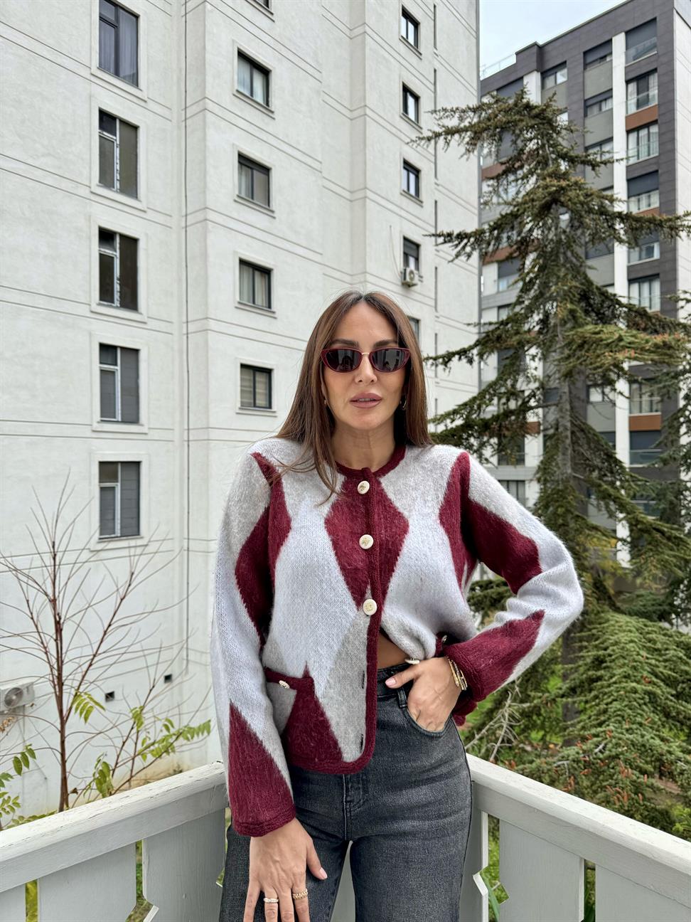 Bordo Baklava Desen Triko Hırka