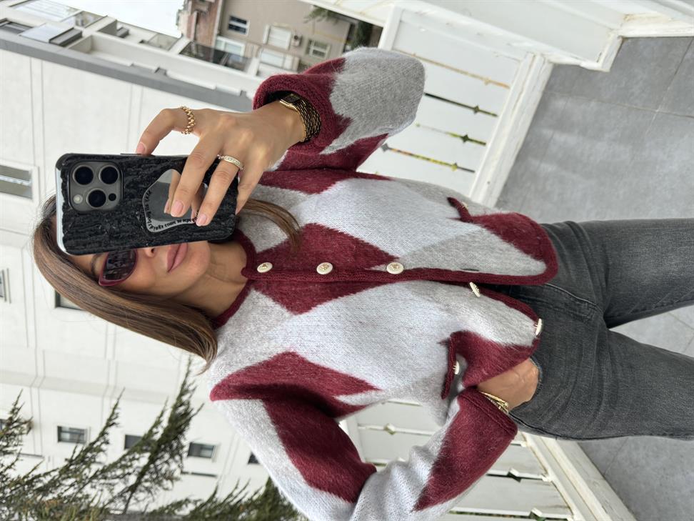 Bordo Baklava Desen Triko Hırka