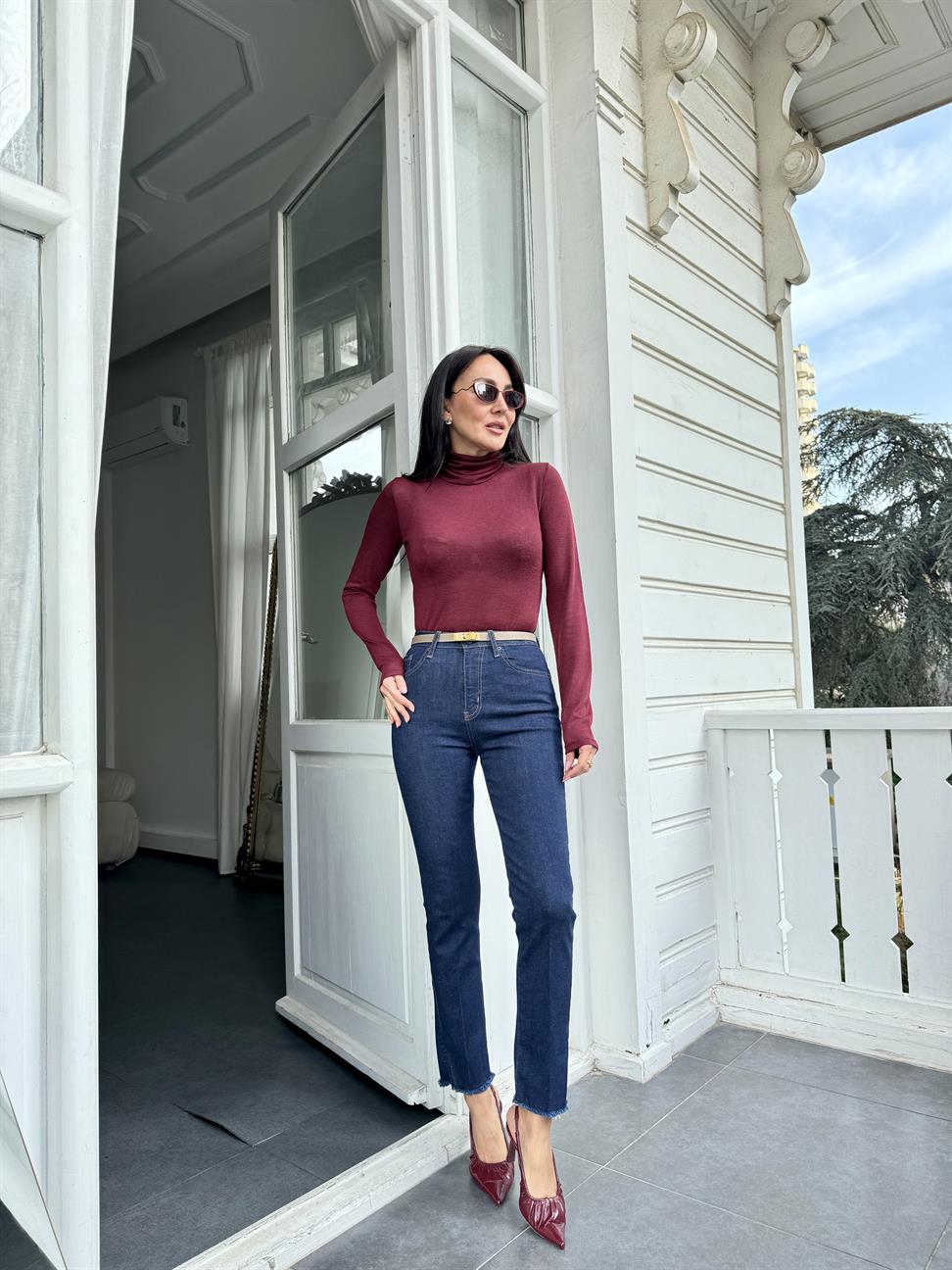 Bordo Balıkçı Yaka Yarı Transparan Bluz