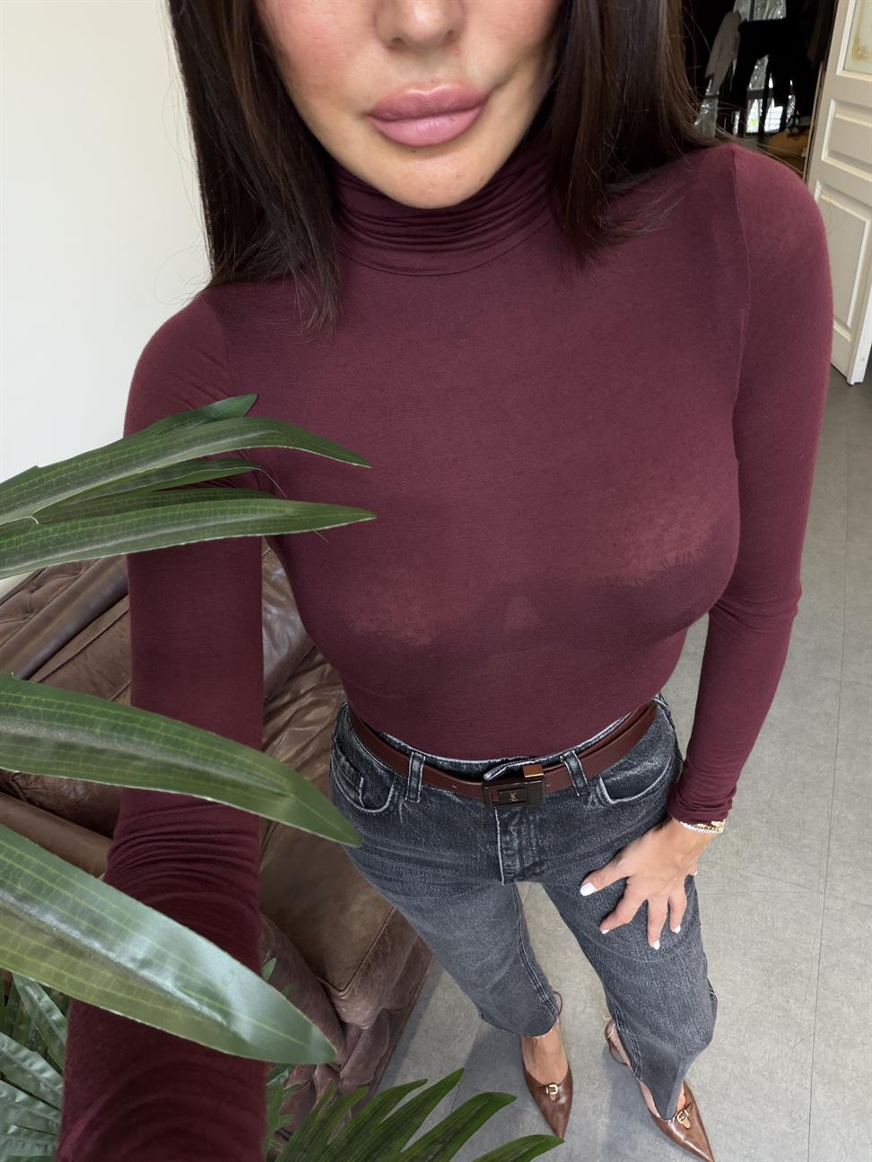 Bordo Balıkcı Yaka Kaşmir Bluz