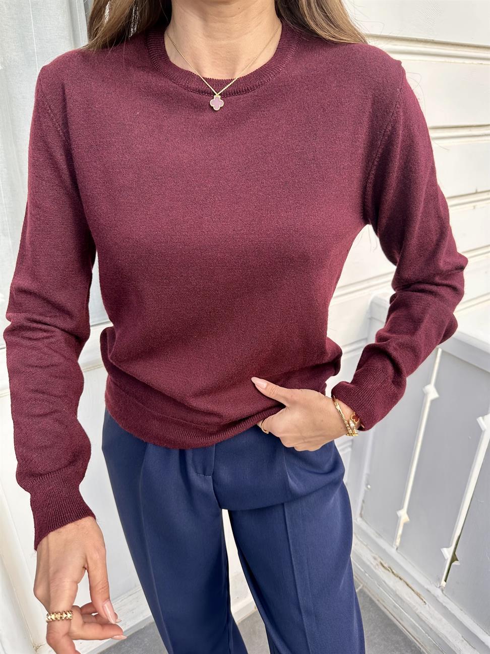 Bordo Bisiklet Yaka Basic Triko