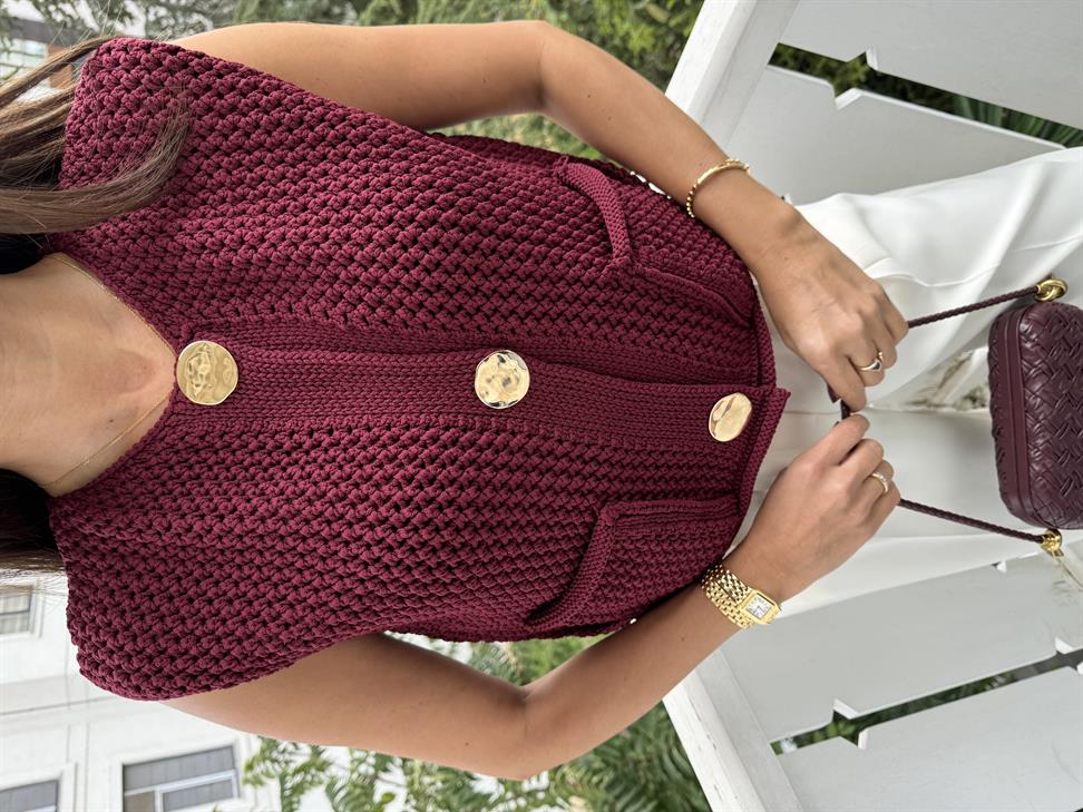 Bordo Bisiklet Yaka Cepli Düğmeli Triko Yelek