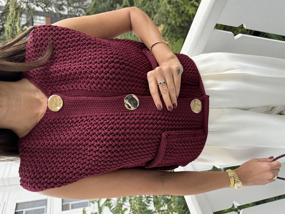 Bordo Bisiklet Yaka Cepli Düğmeli Triko Yelek