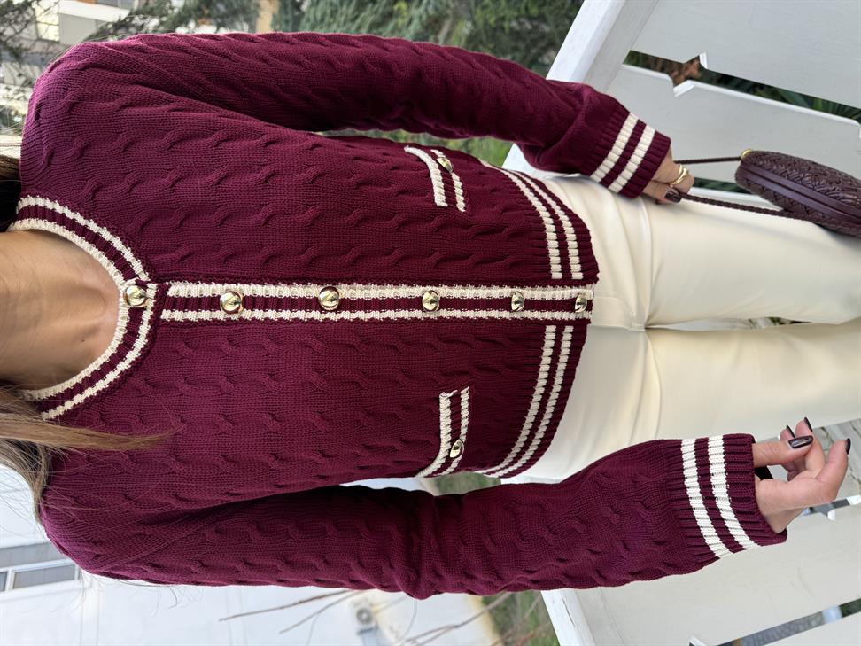 Bordo Bisiklet Yaka Çizgili Düğmeli Triko Hırka
