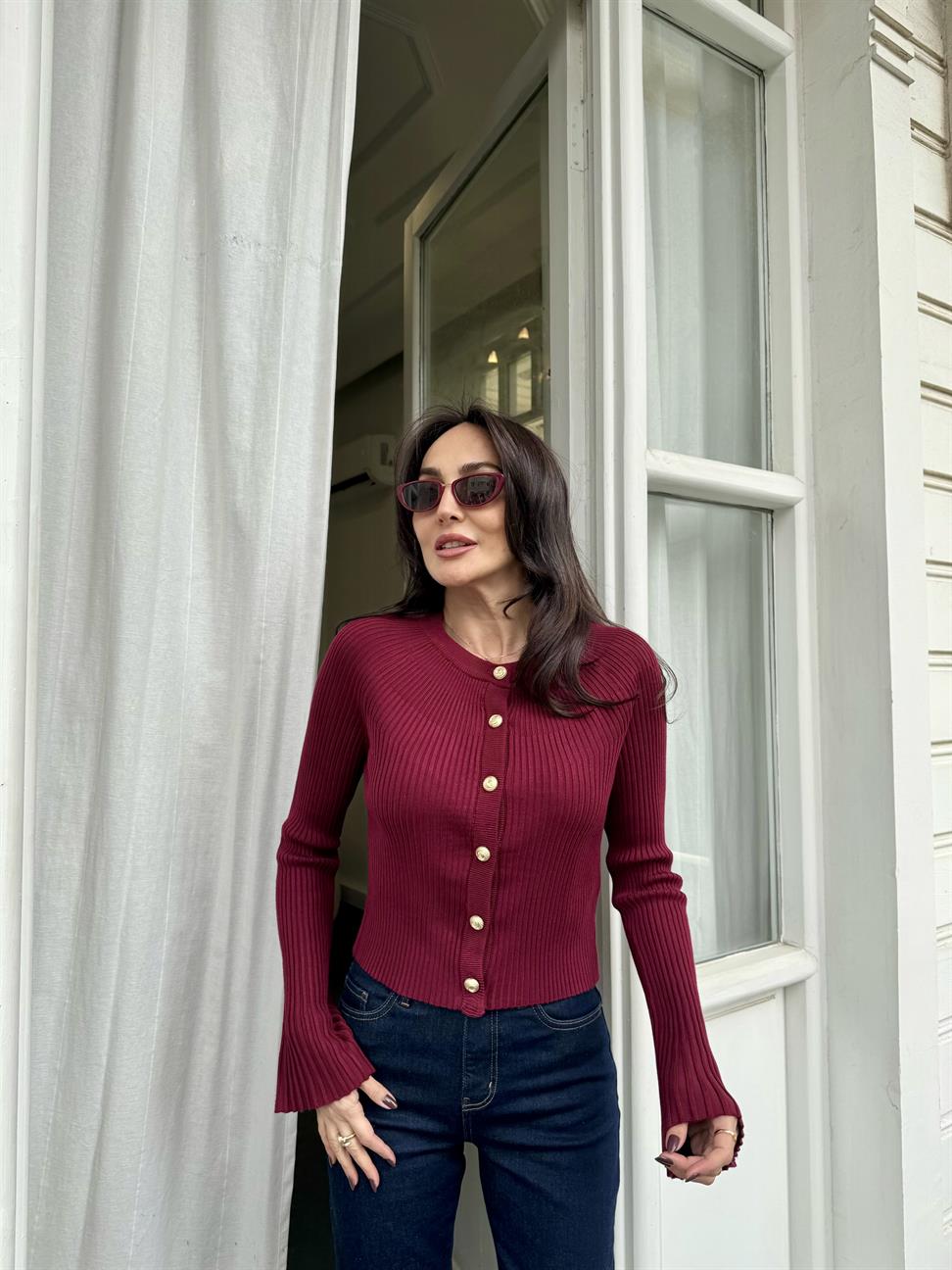 Bordo Bisiklet Yaka Düğmeli İspanyol Kol Triko Hırka