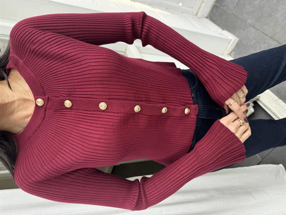 Bordo Bisiklet Yaka Düğmeli İspanyol Kol Triko Hırka