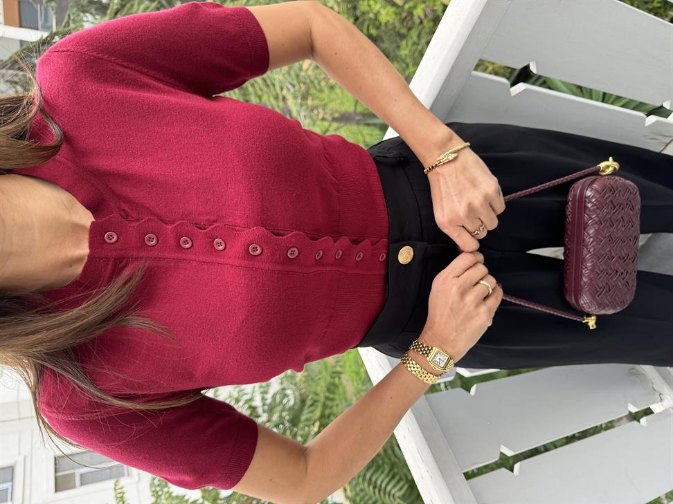 Bordo Bisiklet Yaka Düğmeli Triko Hırka