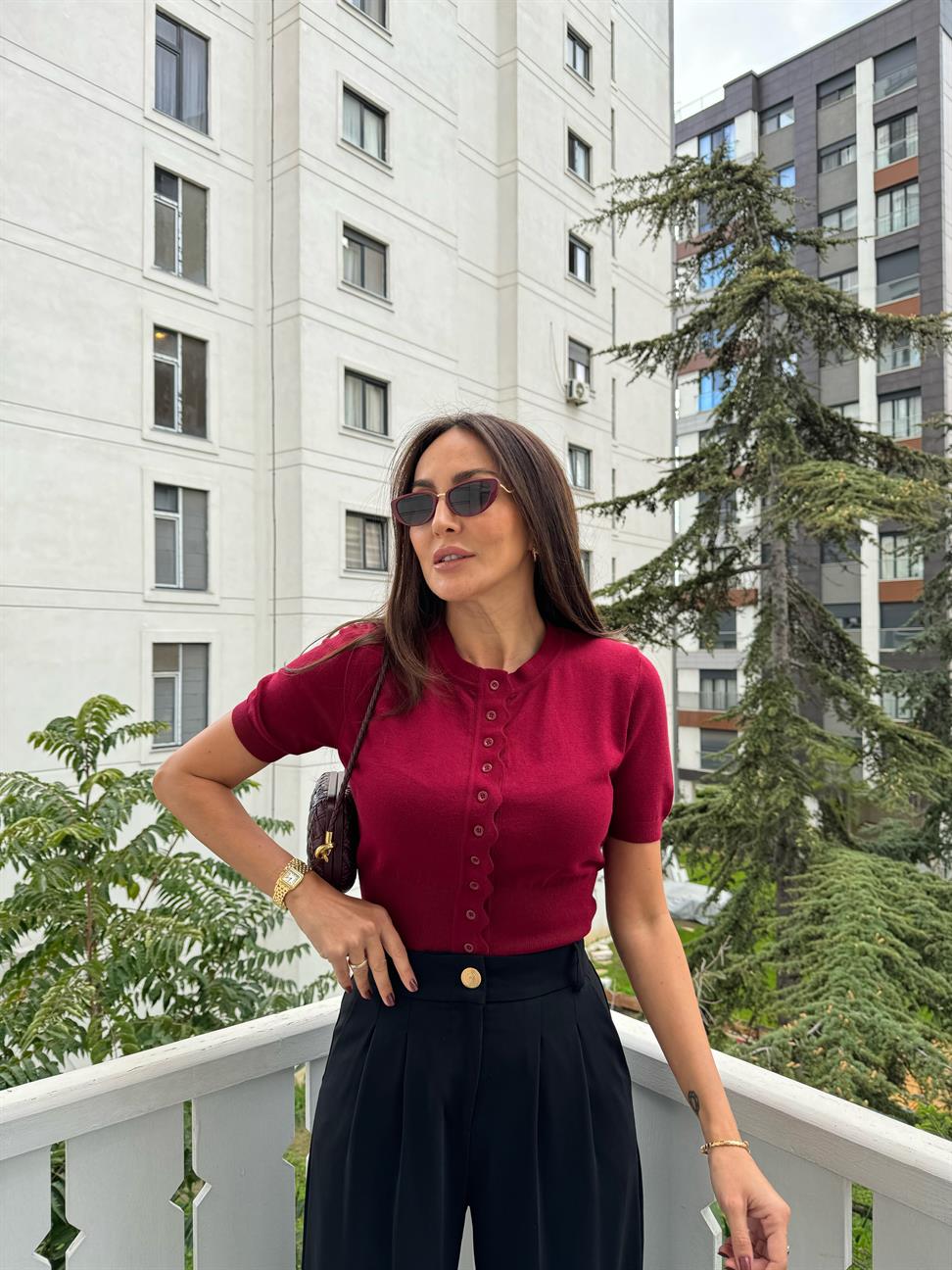 Bordo Bisiklet Yaka Düğmeli Triko Hırka
