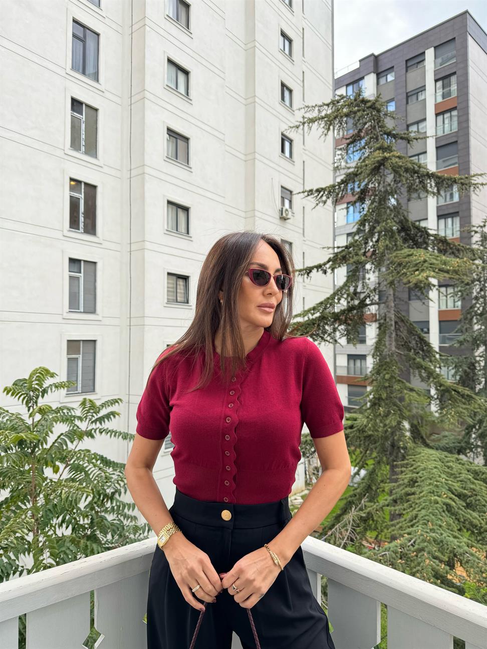 Bordo Bisiklet Yaka Düğmeli Triko Hırka