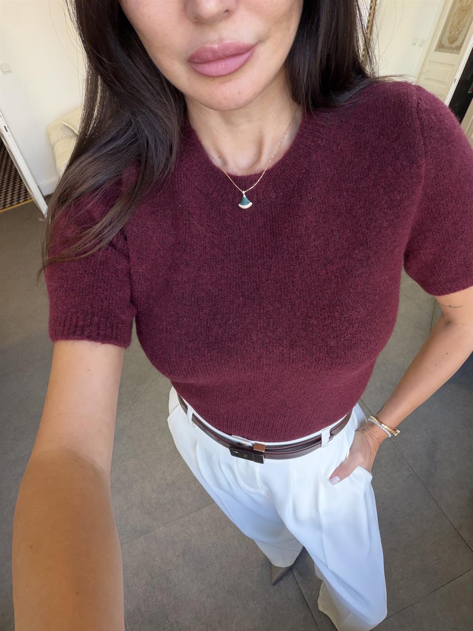 Bordo Bisiklet Yaka Yumuşak Dokulu Kısa Kol Triko Kazak