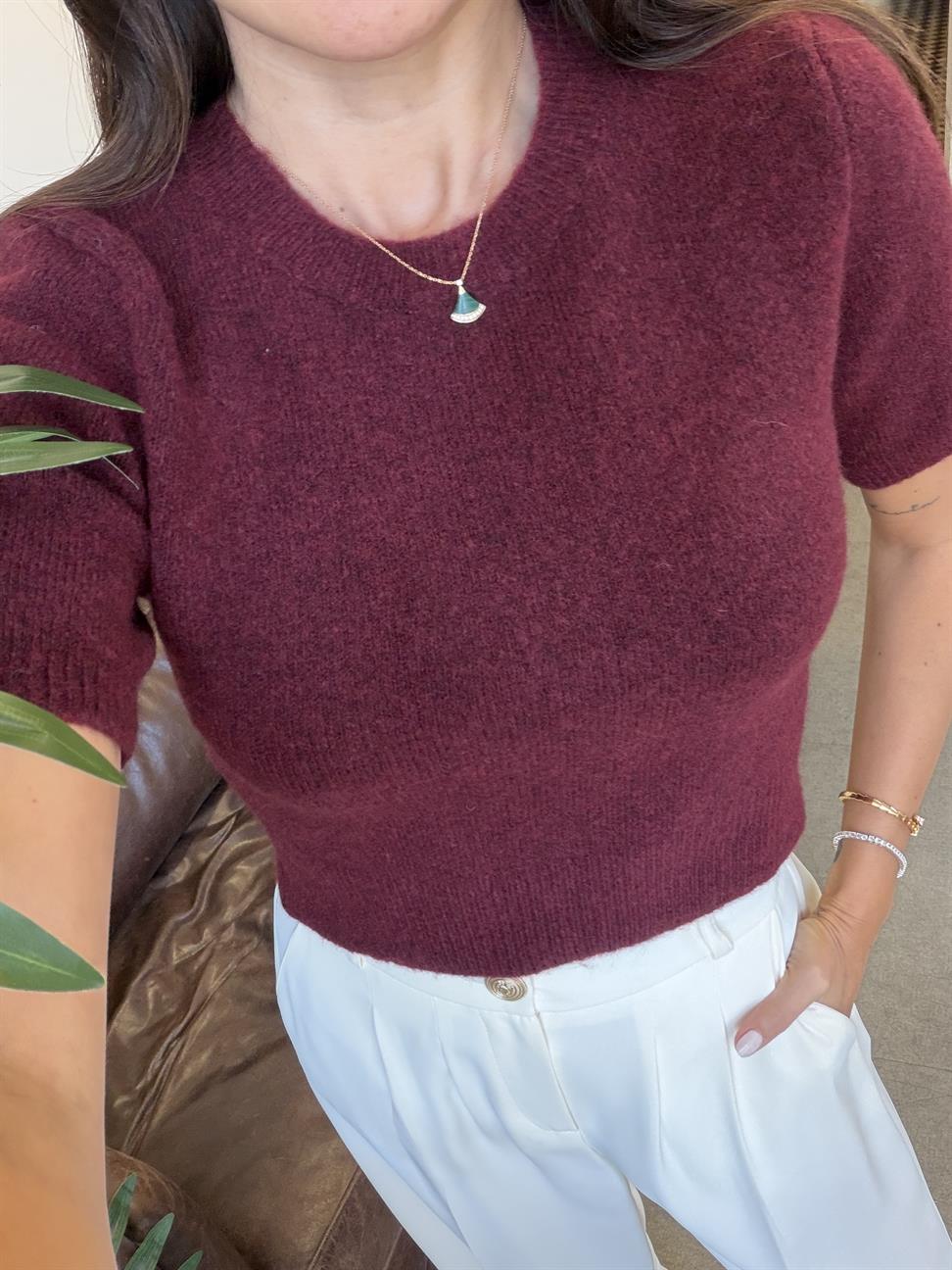 Bordo Bisiklet Yaka Yumuşak Dokulu Kısa Kol Triko Kazak