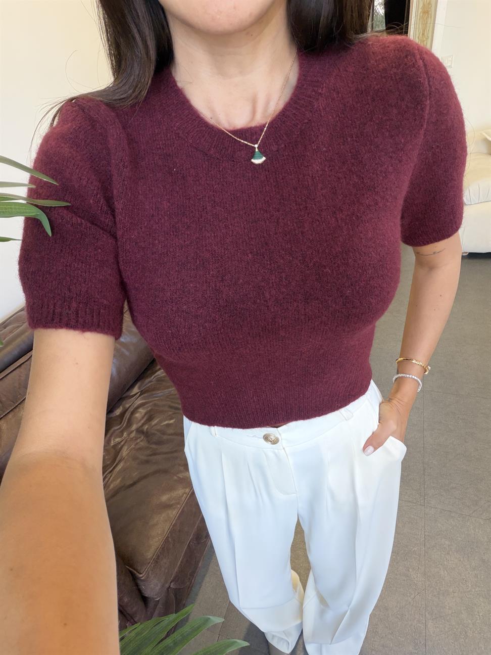 Bordo Bisiklet Yaka Yumuşak Dokulu Kısa Kol Triko Kazak