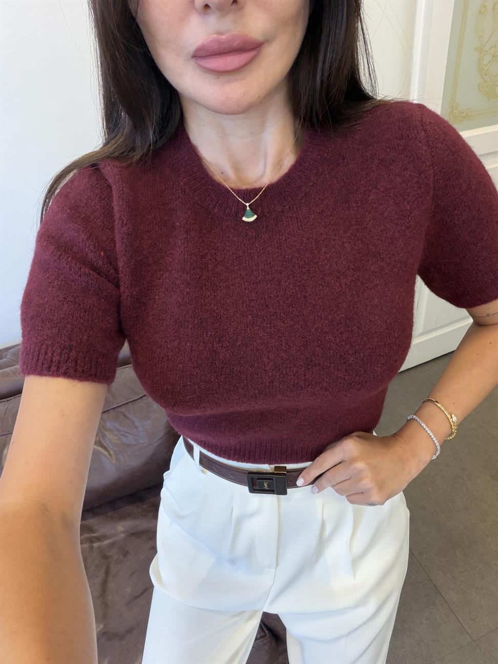 Bordo Bisiklet Yaka Yumuşak Dokulu Kısa Kol Triko Kazak