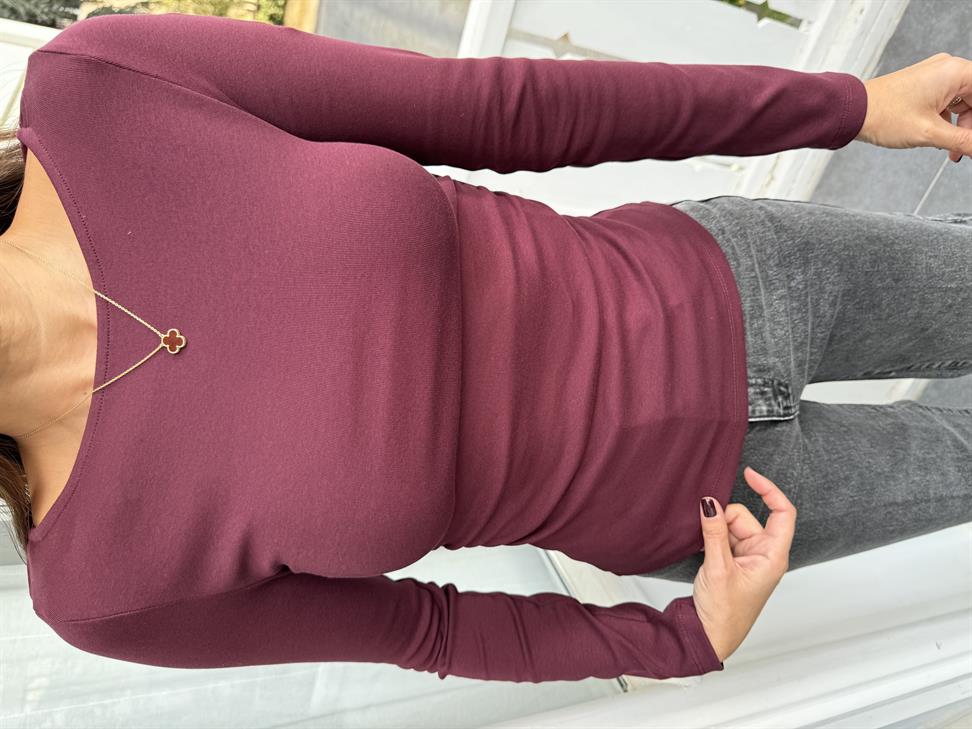 Bordo Büzgülü Kayık Yaka Bluz