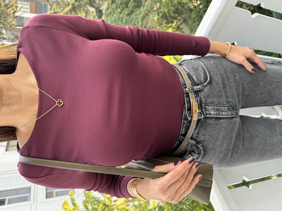 Bordo Büzgülü Kayık Yaka Bluz