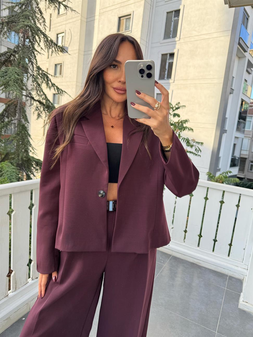 Bordo Ceket Pantolon 2li Kadın Takım