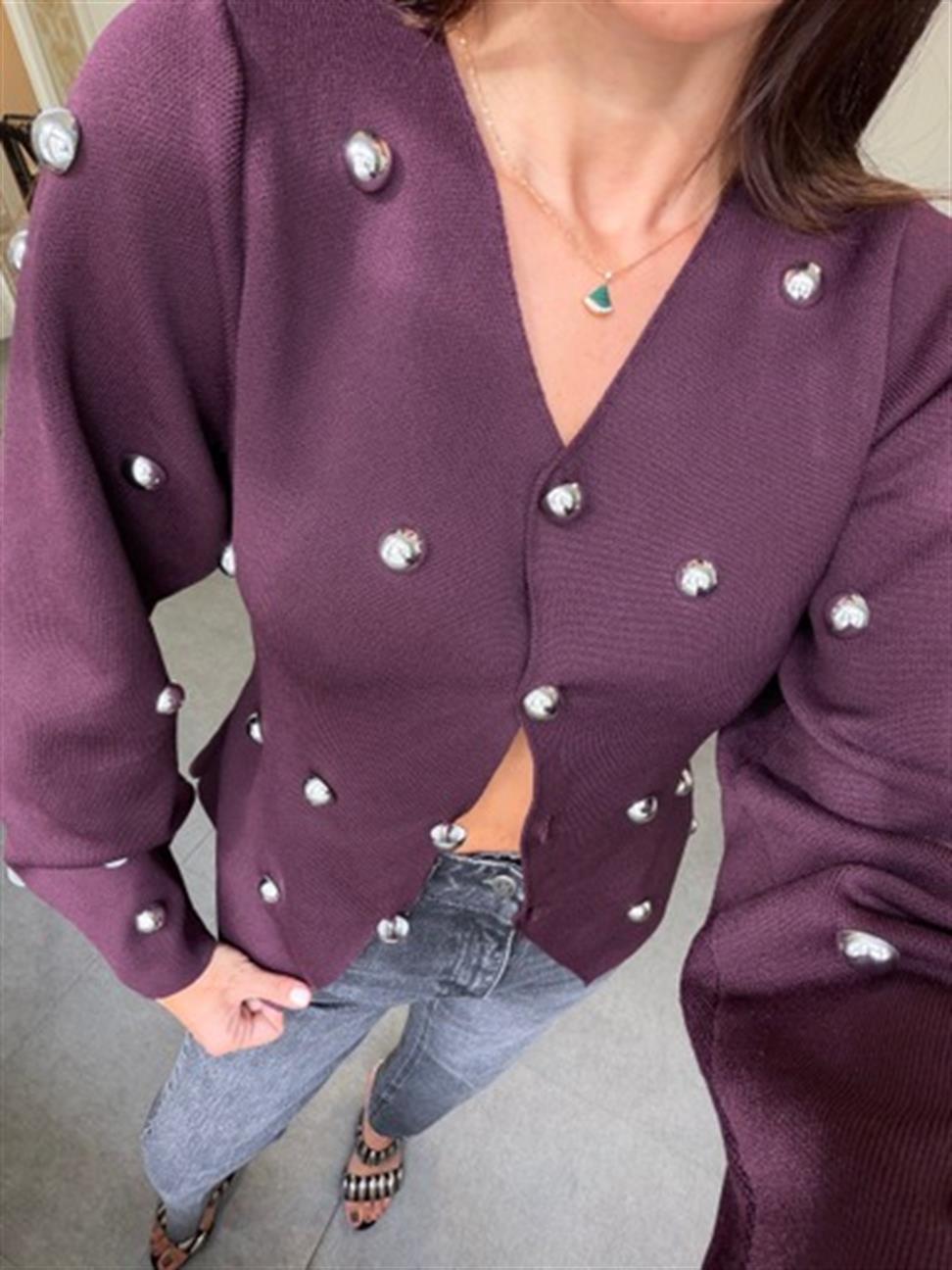 Bordo Çelik Örme Zımba Detay Bluz