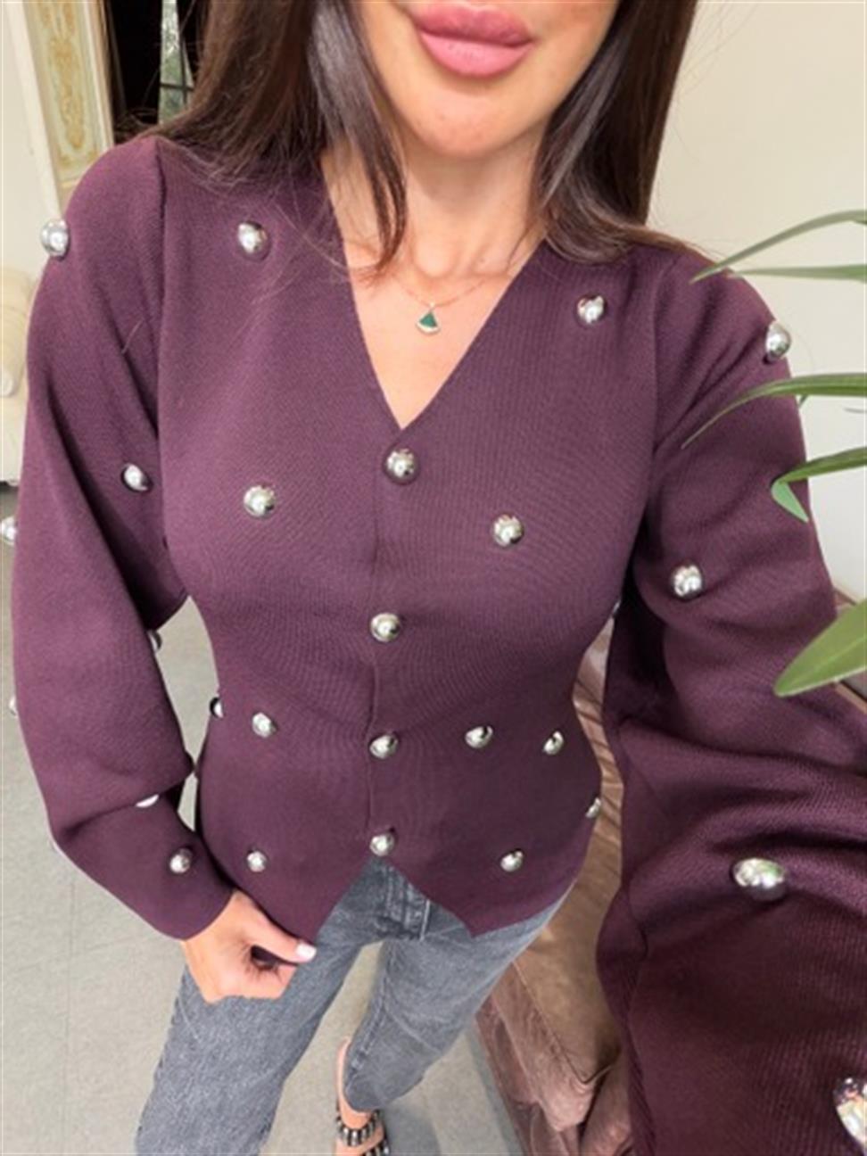 Bordo Çelik Örme Zımba Detay Bluz