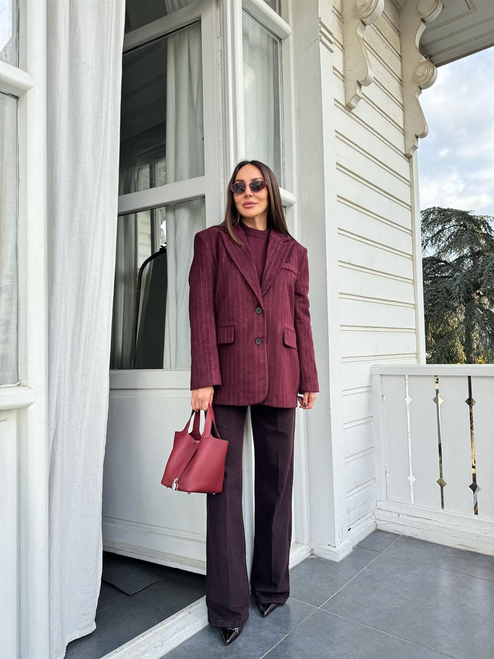 Bordo Chandler Çizgili Ceket