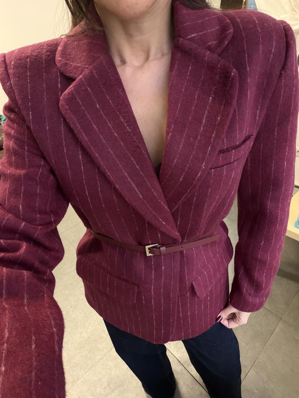 Bordo Çizgili Kemerli Blazer Ceket