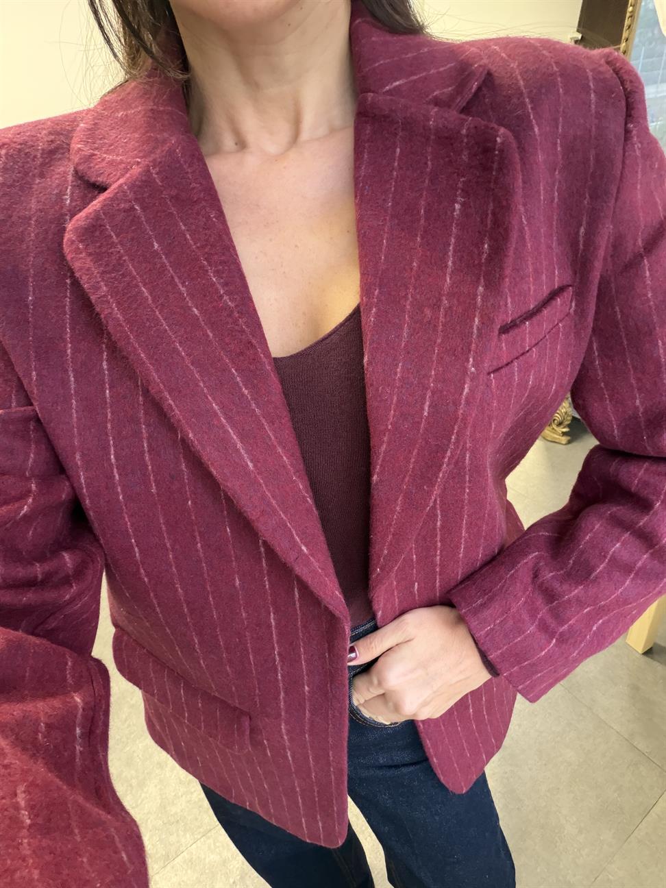 Bordo Çizgili Kemerli Blazer Ceket