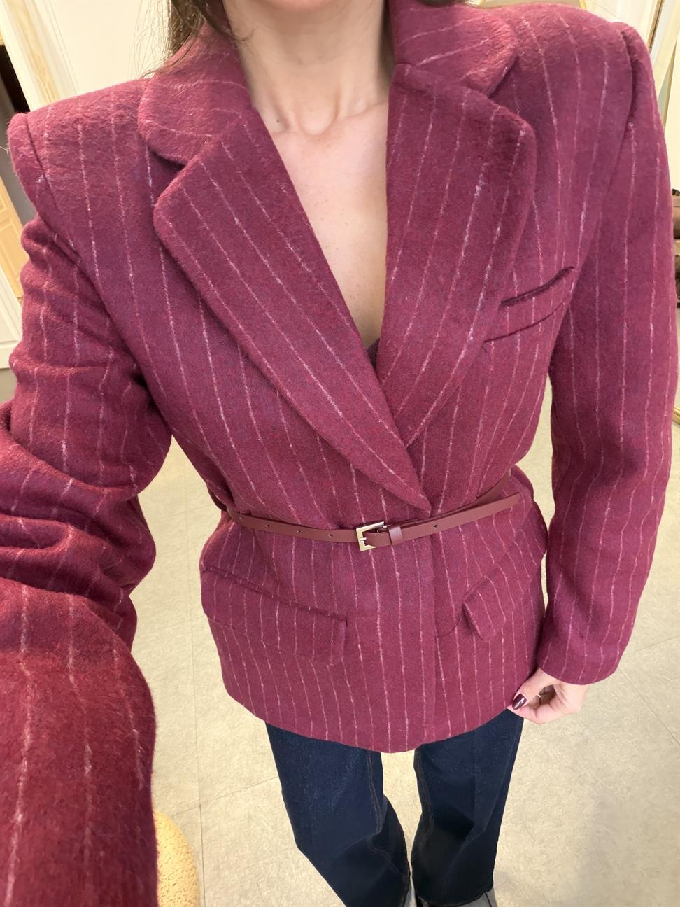 Bordo Çizgili Kemerli Blazer Ceket