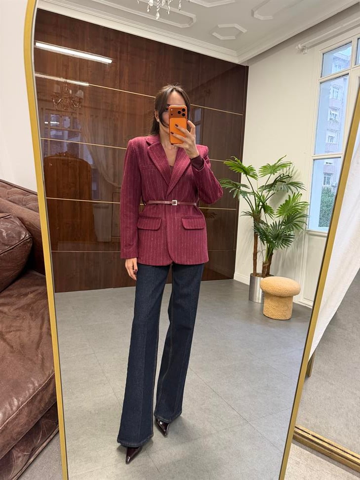 Bordo Çizgili Kemerli Blazer Ceket