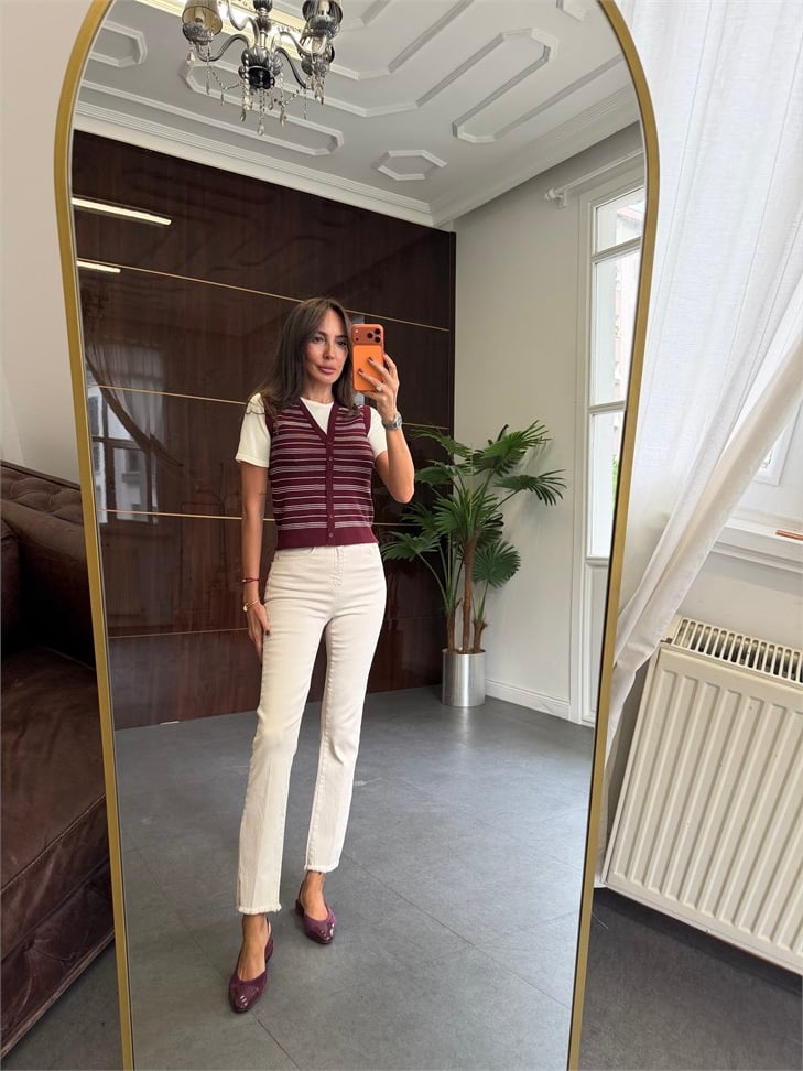 Bordo Çizgili Yelek Görünümlü Triko Bluz