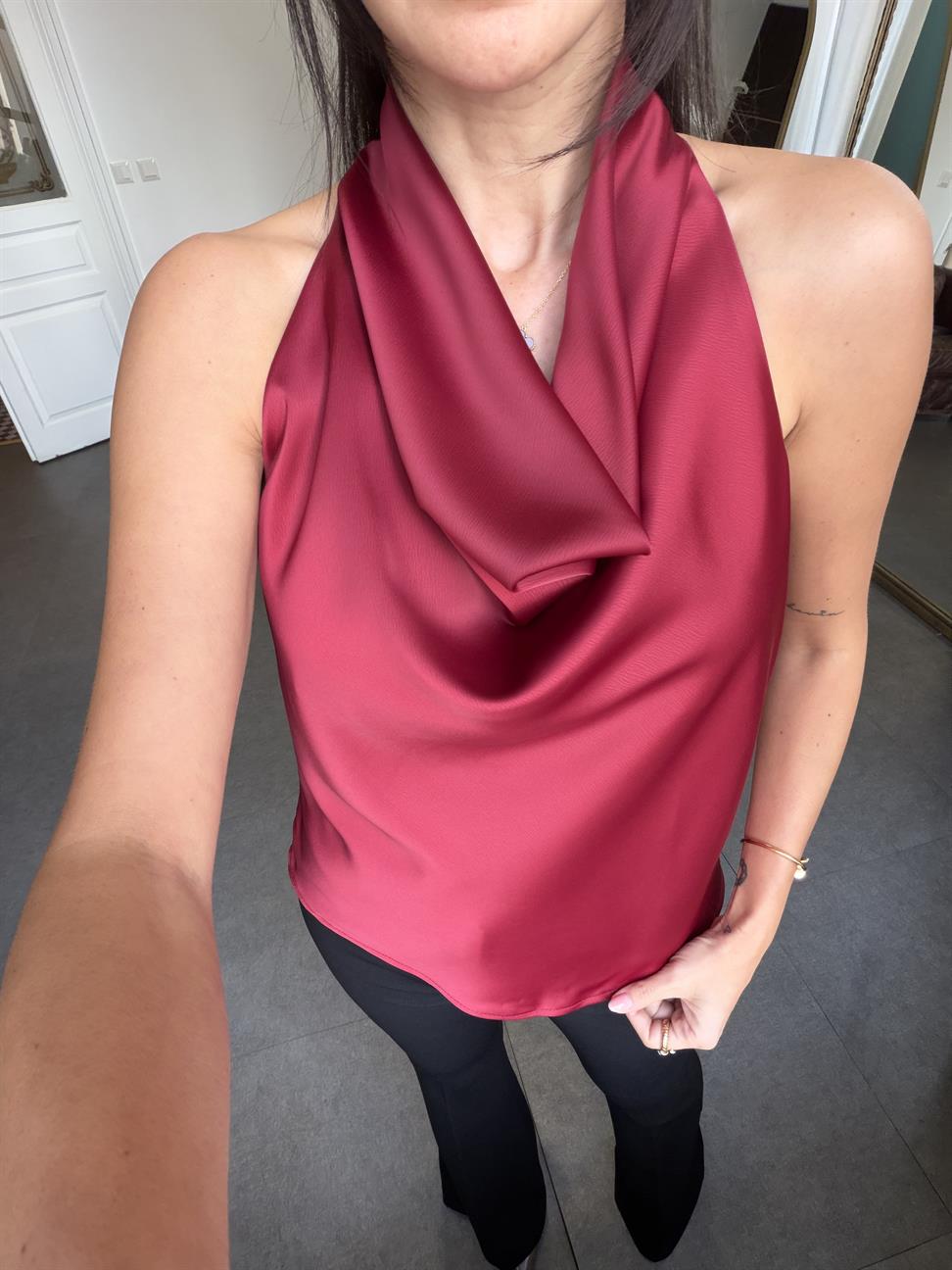 Bordo Degaje Yaka Saten Bluz