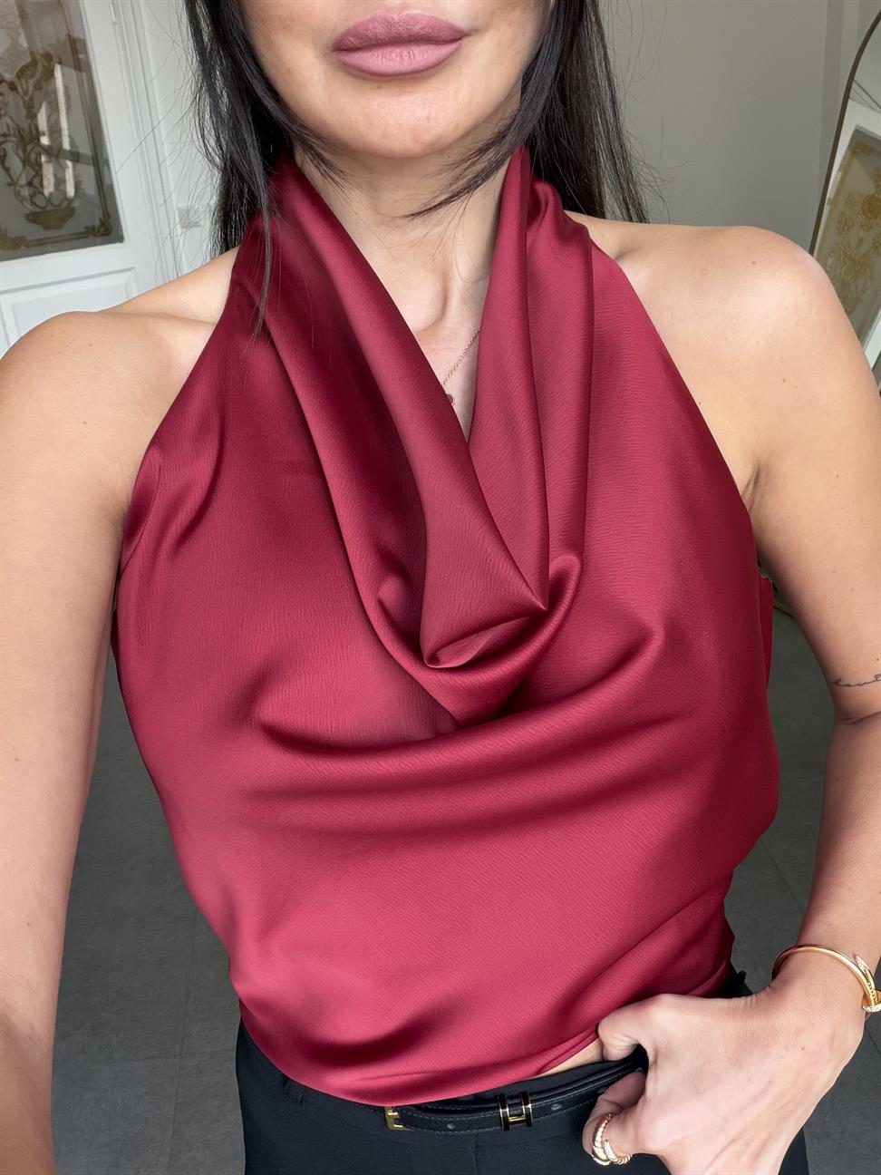 Bordo Degaje Yaka Saten Bluz