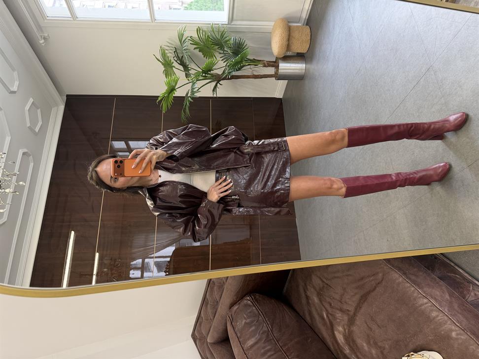 Bordo Deri Etekli Ceket Takım